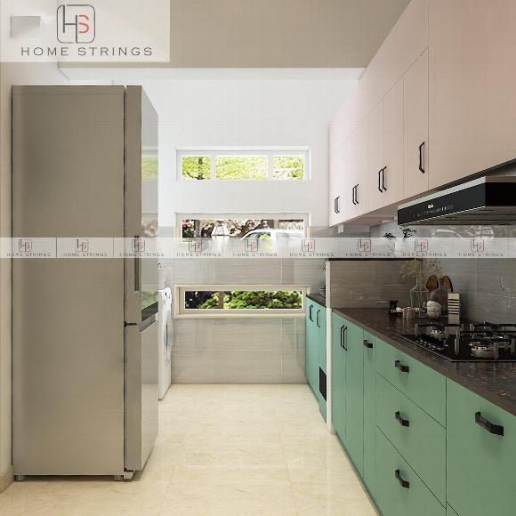 Galley kitchen with blue panelling and white cupboards