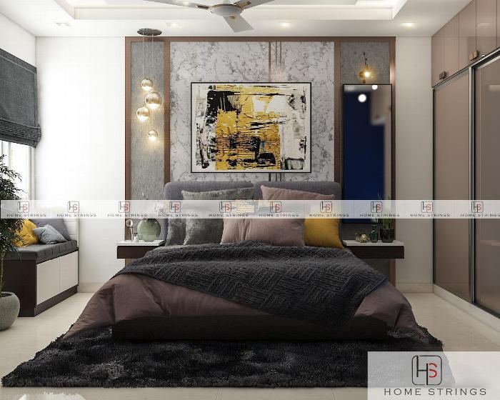 Modern luxurious bedroom with abstract wall art, dark carpets and plush bedding