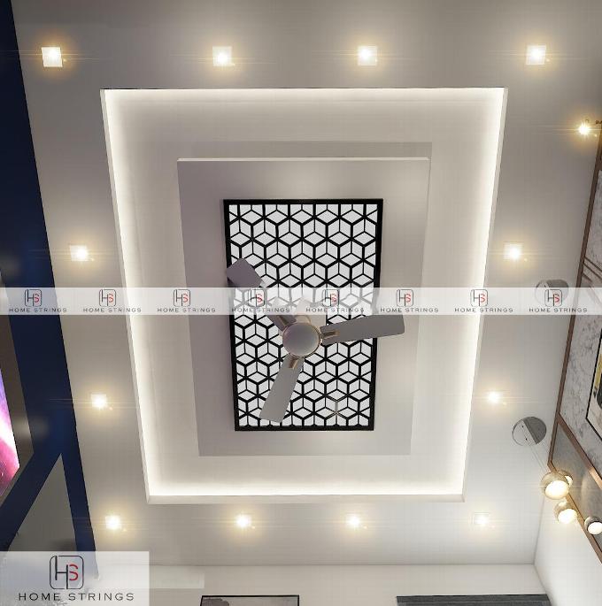 False ceiling with modern lighting and centred ceiling fan