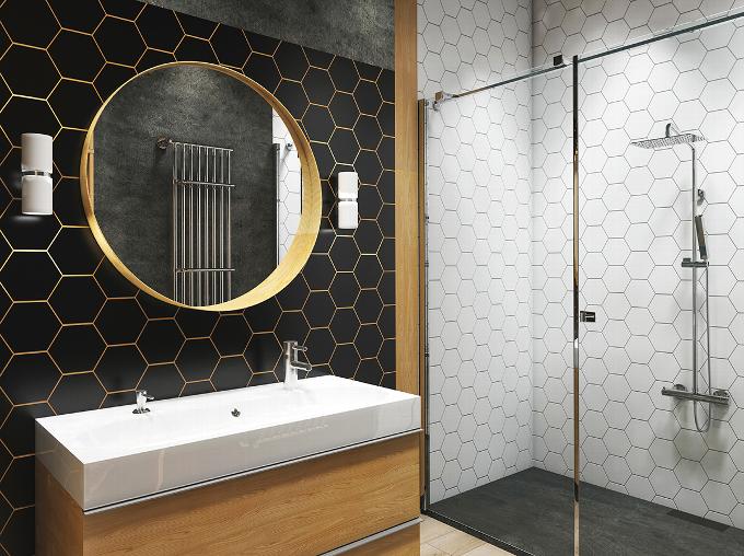 Modern black white and gold bathroom with hexagonal tiling