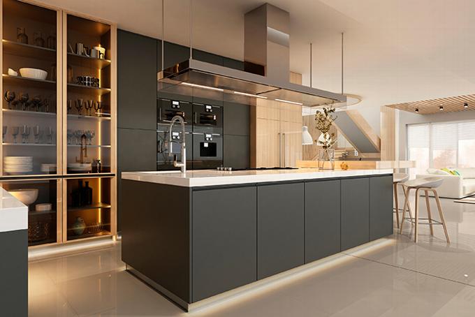 Modern kitchen with dark panelling and island counter